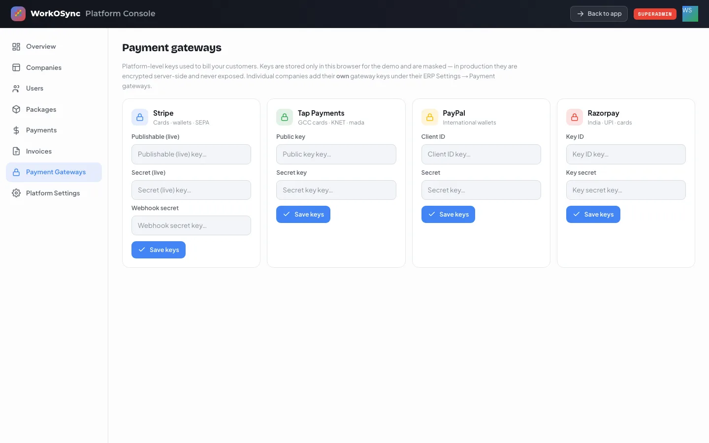 The Payment gateways section with cards for Stripe, Tap Payments, PayPal and Razorpay
