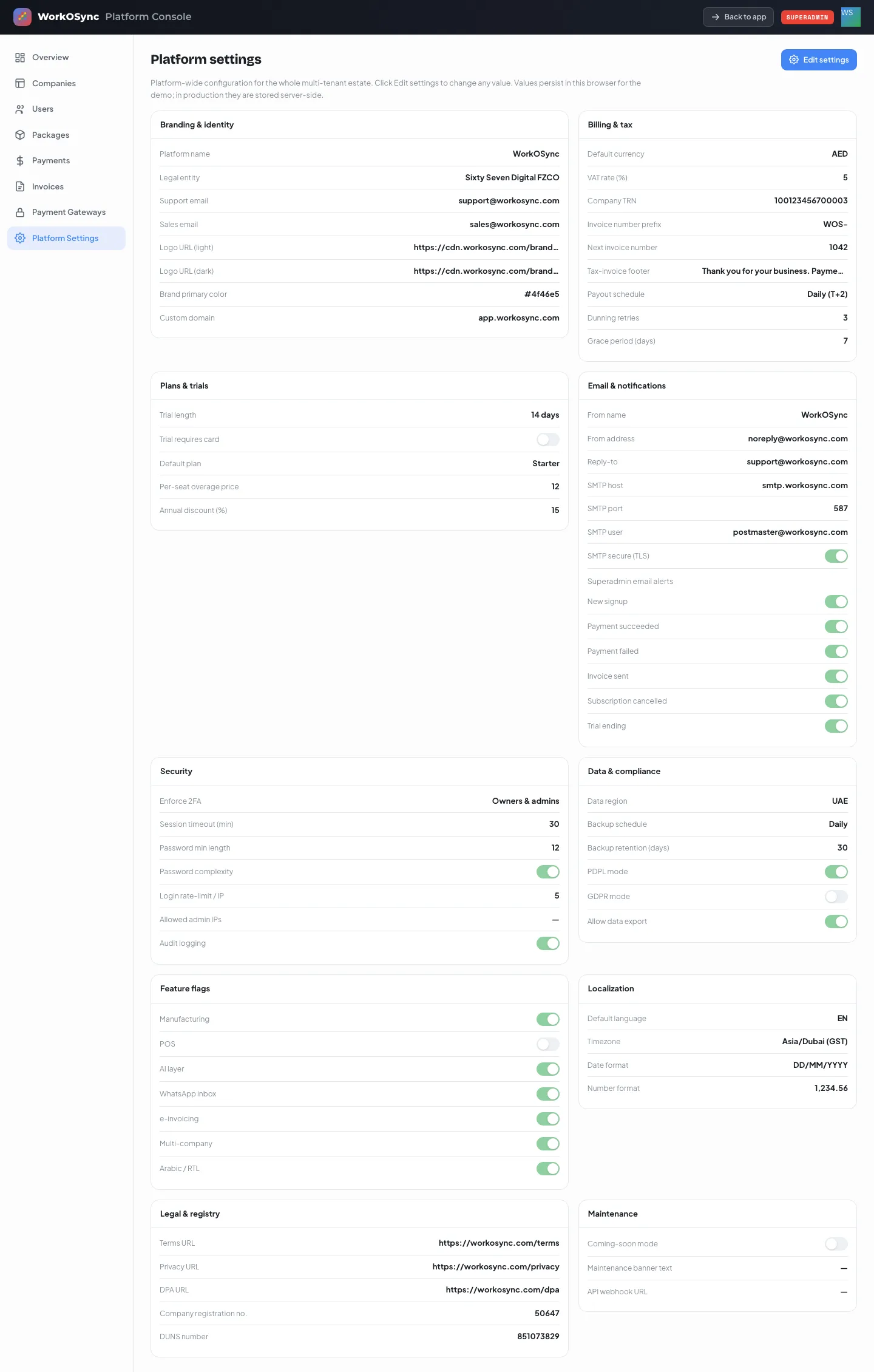 The full Platform settings page with all ten panels
