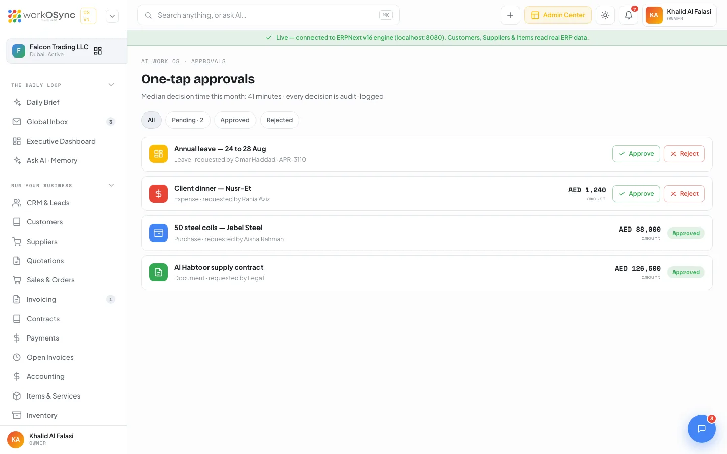 The One-tap approvals queue with filter chips and rows showing Approve and Reject buttons