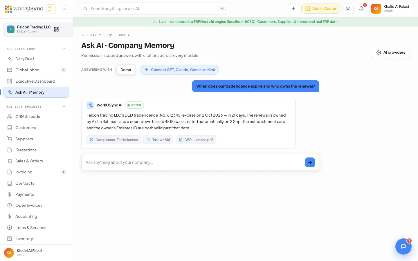 The Ask AI page with the provider bar and a conversation with citation chips