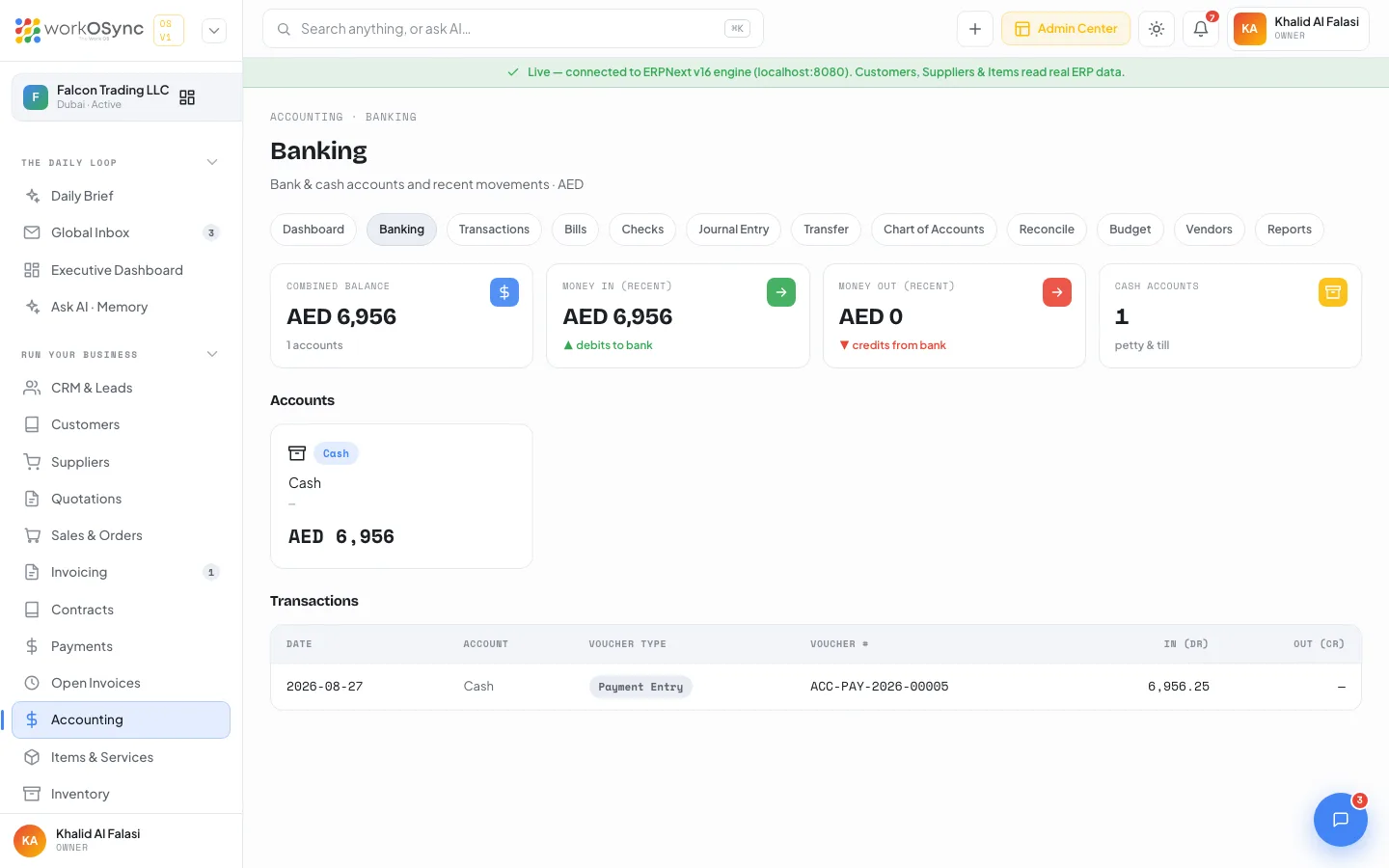 The Banking screen with account cards and the imported statement lines ready to match