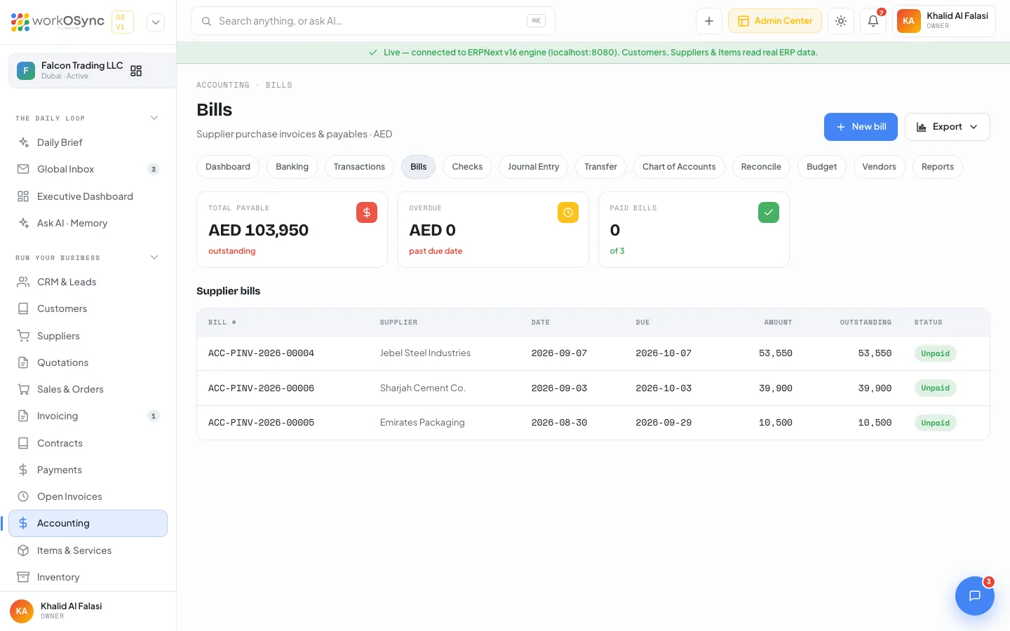 The Bills screen with payable KPIs and the supplier bills table