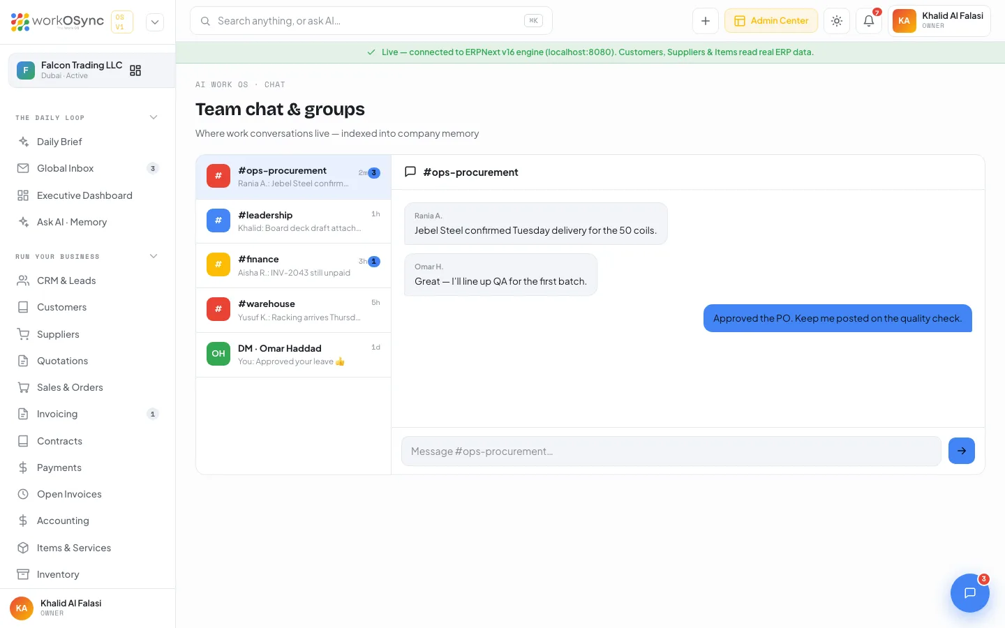 The team chat page with the channel list on the left and the open channel with message bubbles and composer on the right