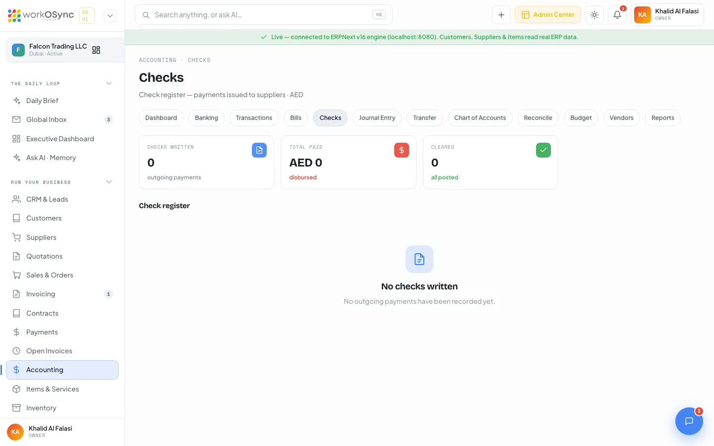 The Checks register with three KPIs and the payments table