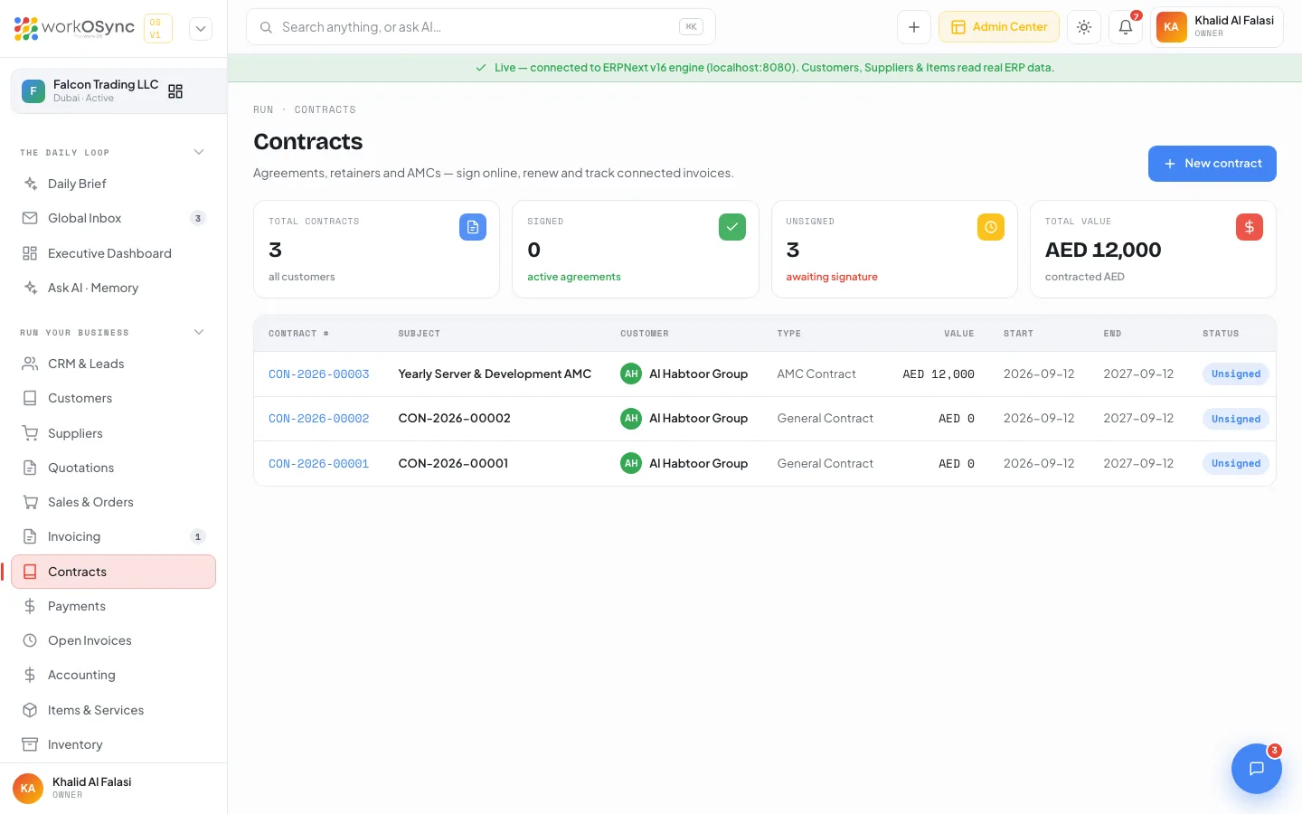 The Contracts list with KPI tiles and a table of contracts by customer, type, value and status