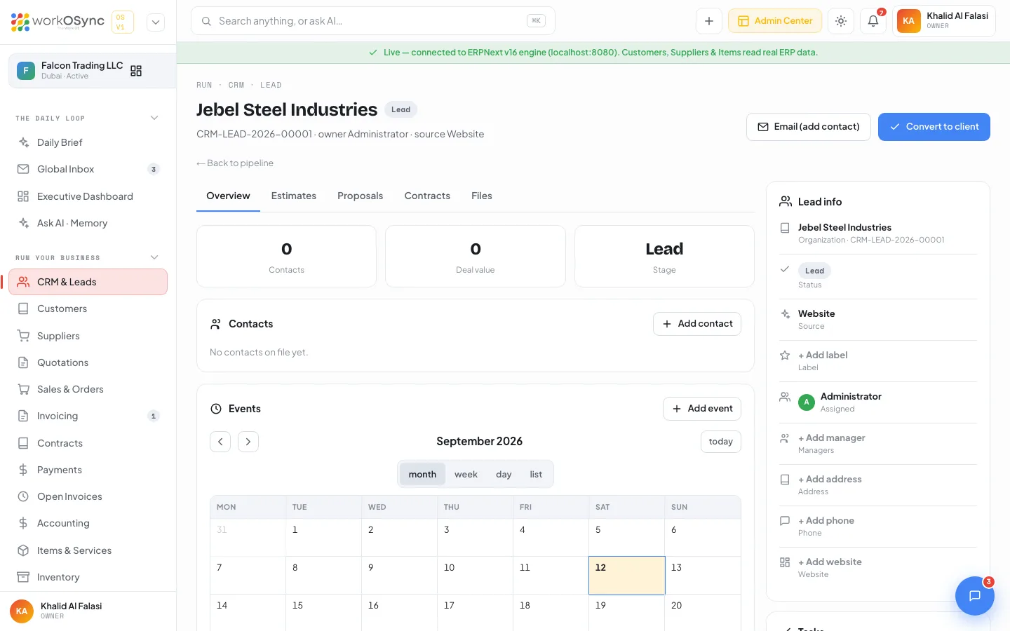 A lead profile with Overview tab, contacts card, events calendar and the Lead info sidebar