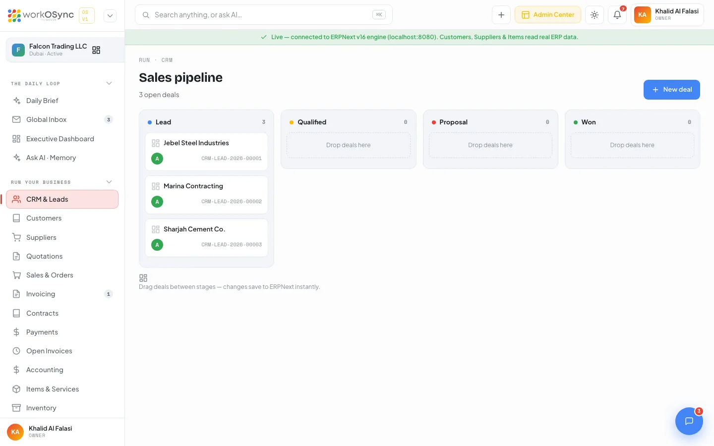 The WorkOSync sales pipeline kanban with Lead, Qualified, Proposal and Won columns
