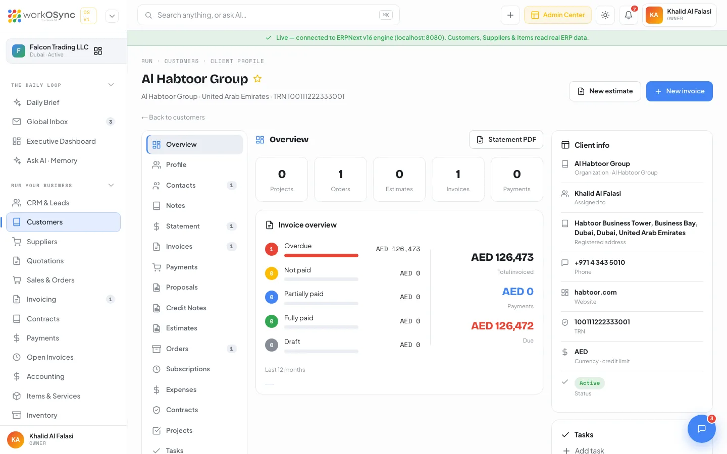 A client 360 profile with the section menu, invoice overview bars, totals and the Client info sidebar
