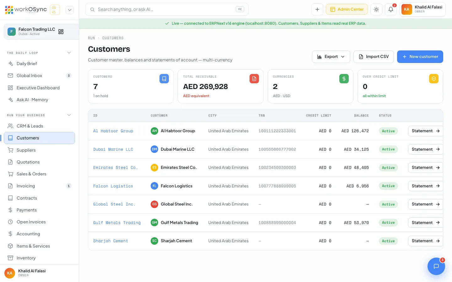 The Customers list with KPI tiles and a table of customers, balances and statuses