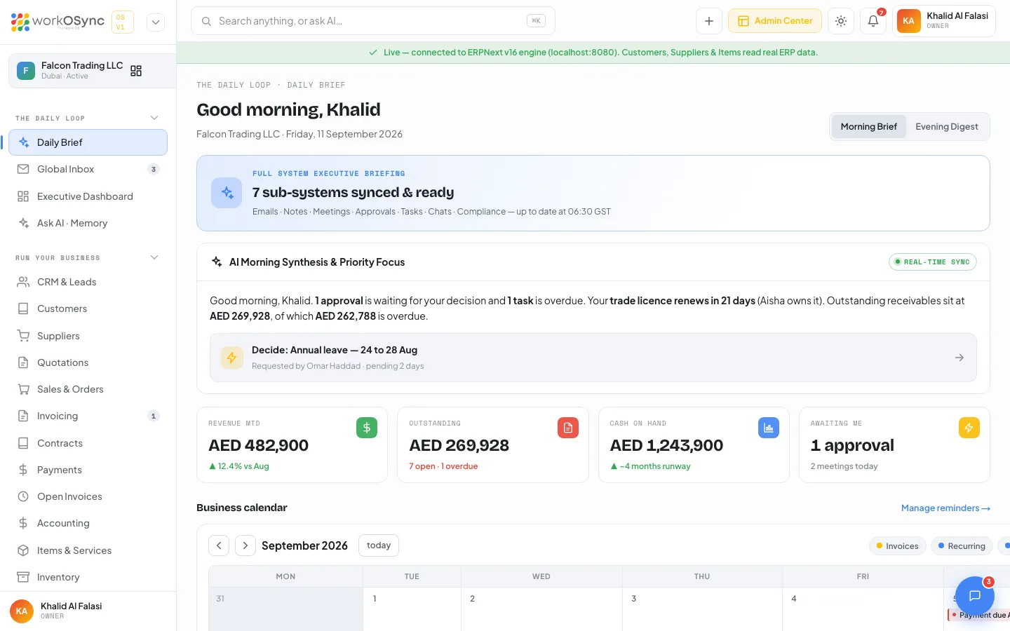 The Daily Brief showing the AI synthesis card with the Decide link to the pending approval