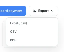 The Export dropdown with Excel (.csv), CSV and PDF options
