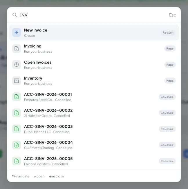 The global search palette showing results and the Ask AI fallback