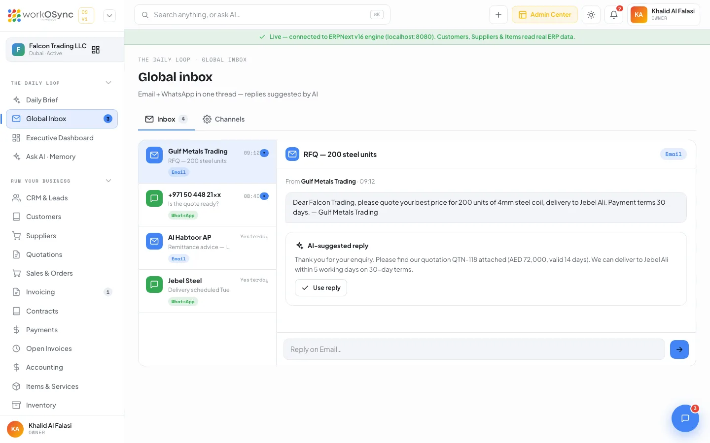 The Global Inbox with the thread list on the left and an open thread with an AI-suggested reply on the right