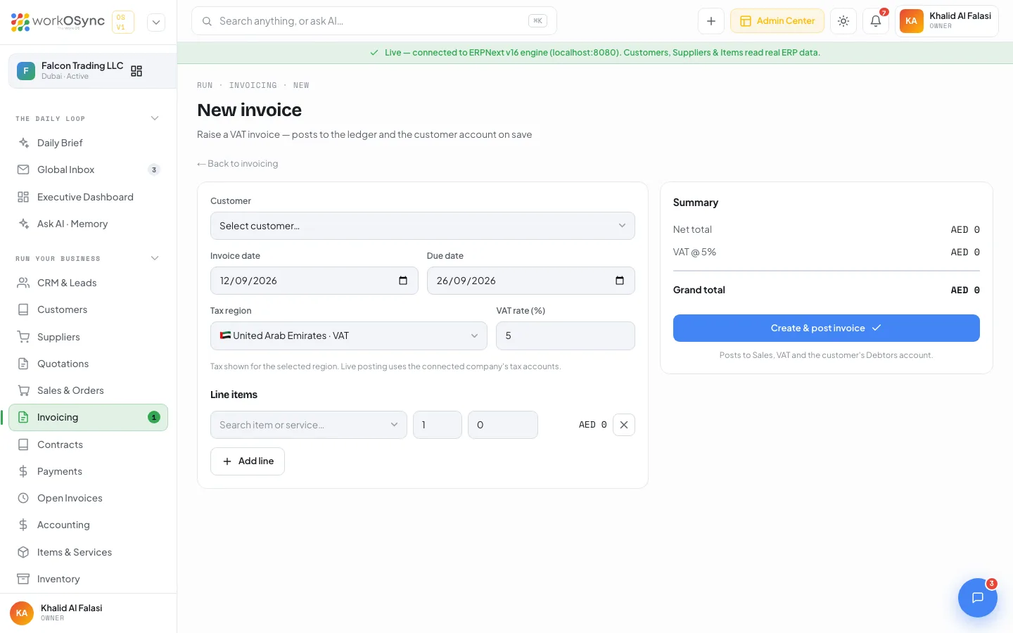 The new invoice form with customer, dates, tax region and line items