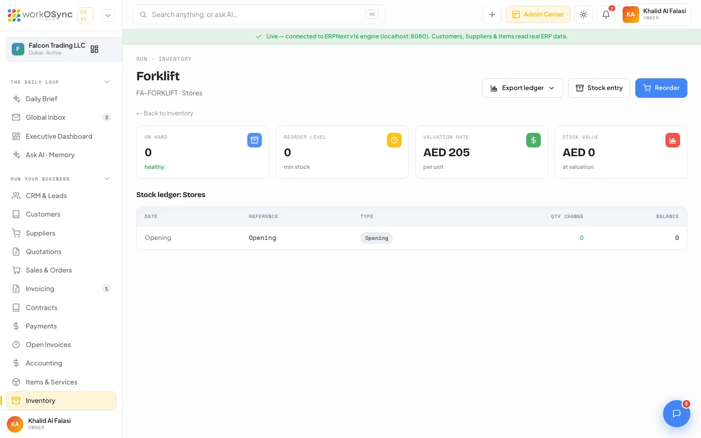 The item stock page for ST-COIL-04 with four KPIs and the stock ledger table