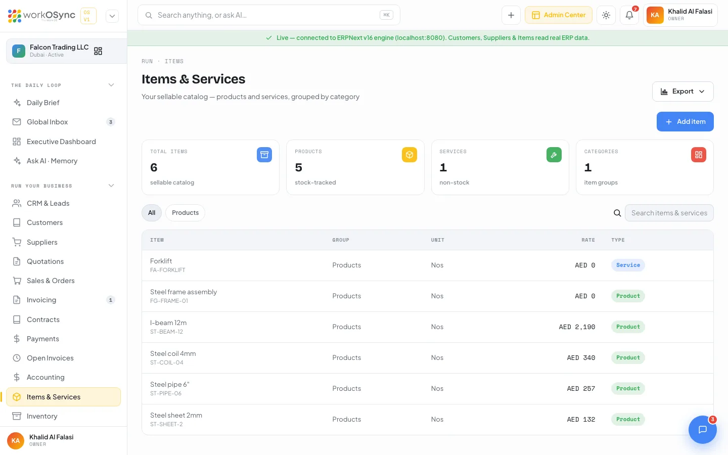 The Items and Services catalogue with four KPI tiles, group chips, a search box and the items table