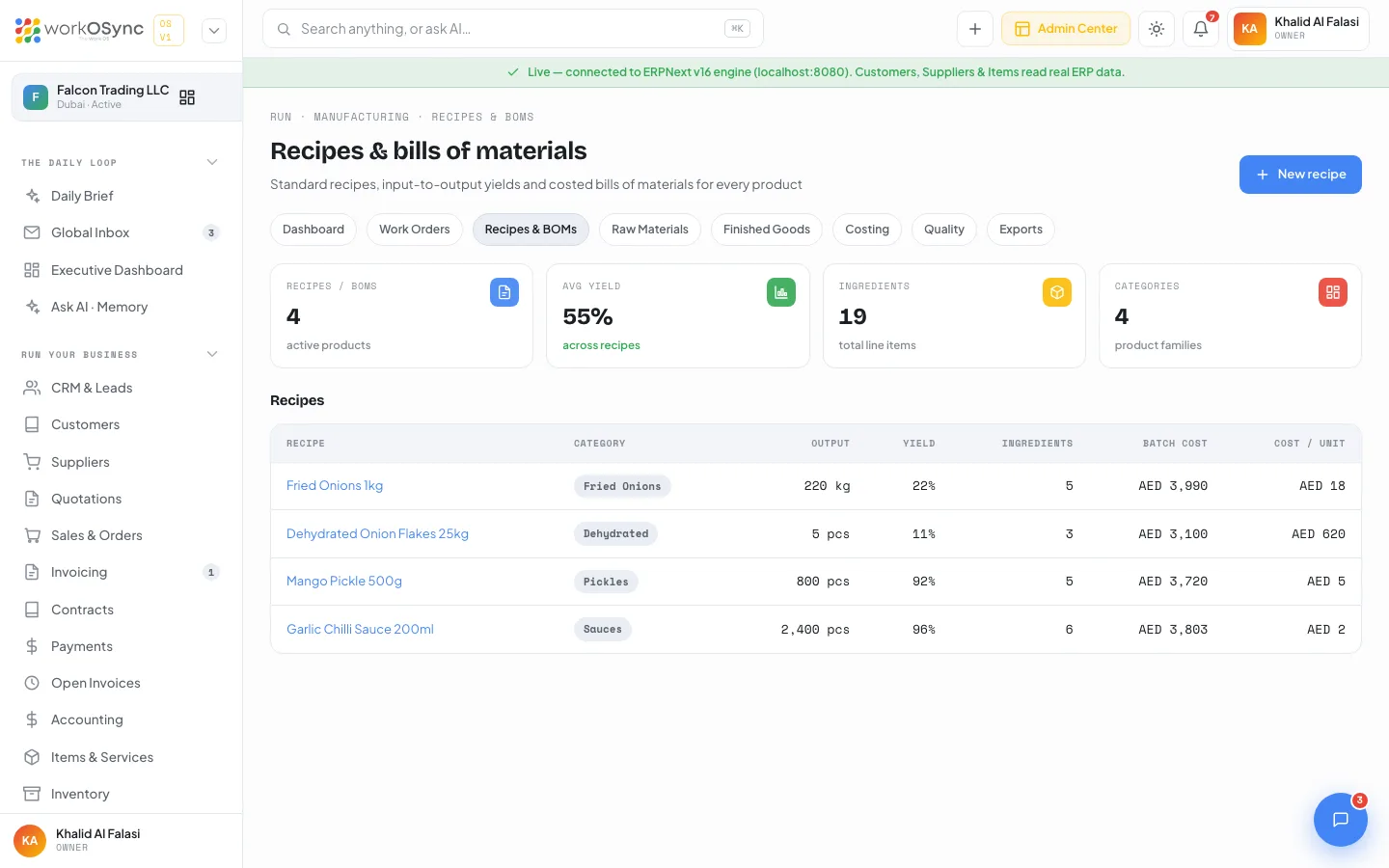 The Recipes and bills of materials list with four KPIs