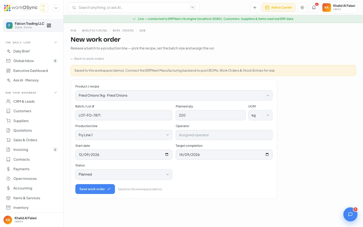 The New work order form with recipe, lot, quantity, line, operator, dates and status fields