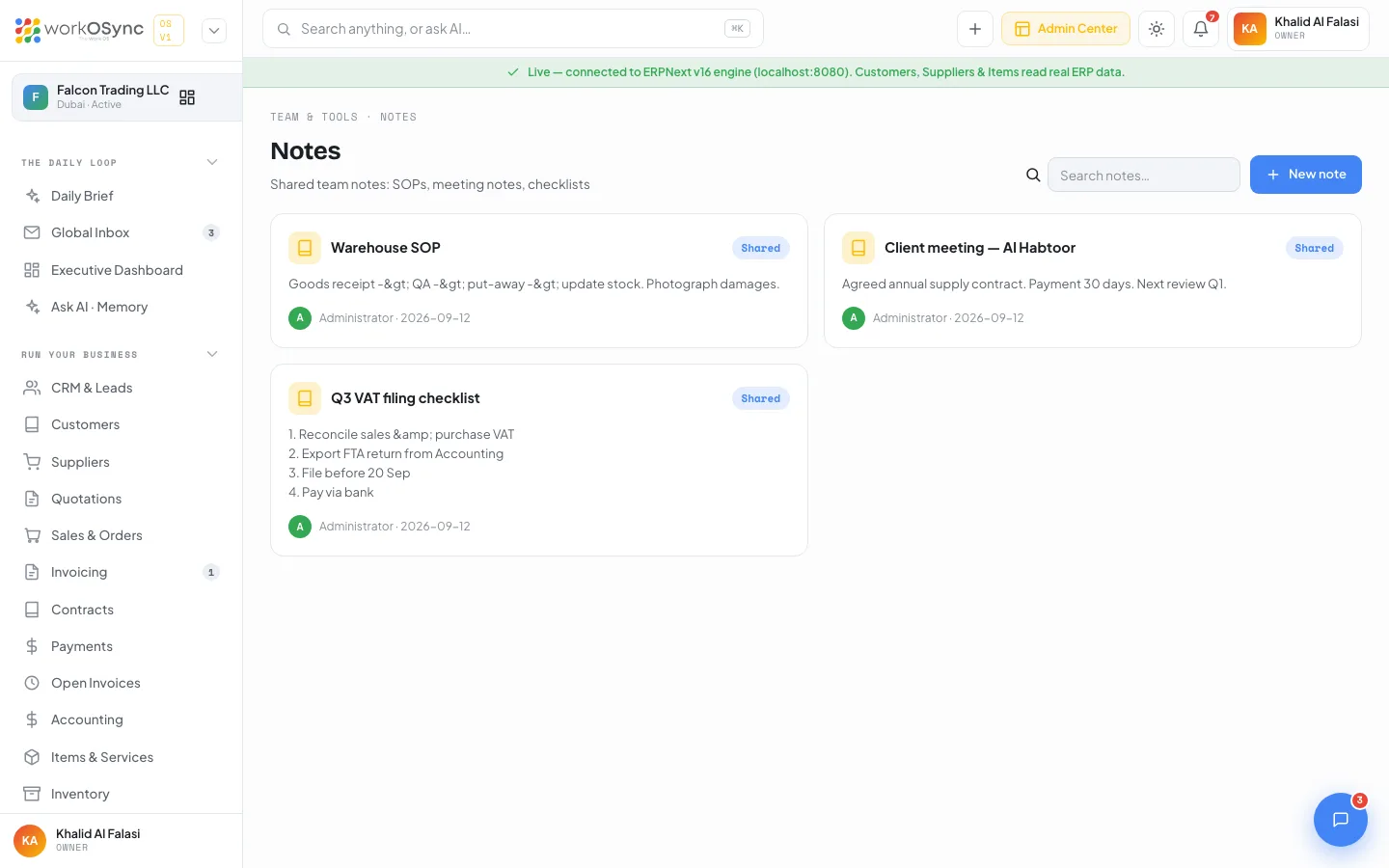 The Notes page showing note cards with Shared badges, content and owner