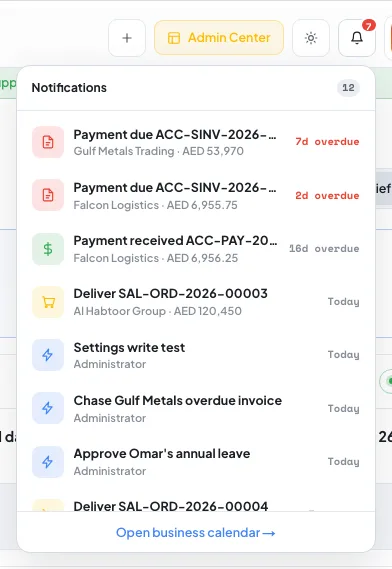 The notifications dropdown listing items due soon with relative day labels