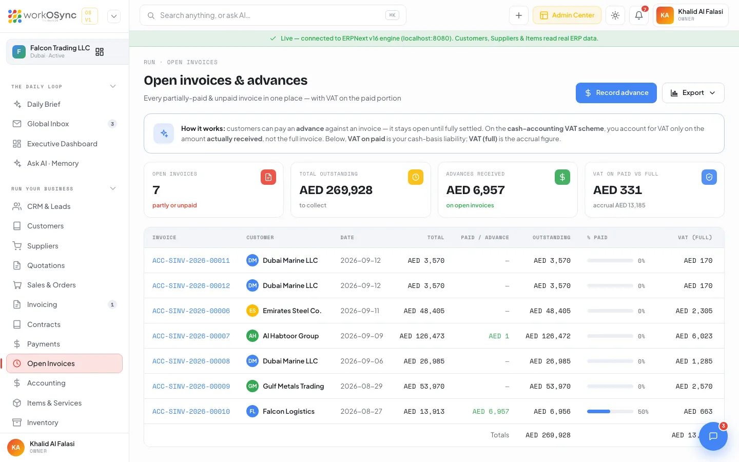 The Open invoices and advances page with the explainer, KPI tiles and the table with VAT full and VAT on paid columns
