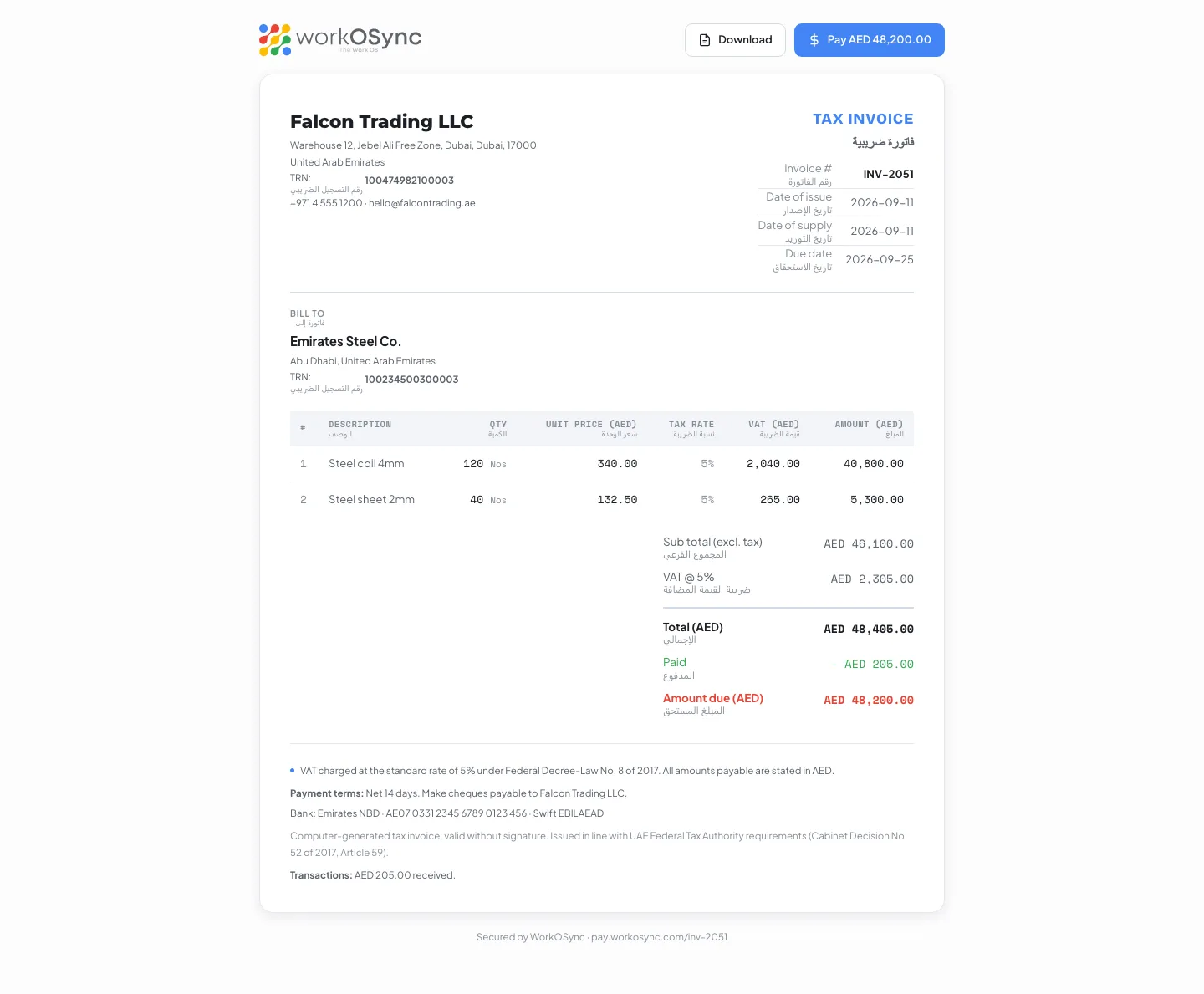The public pay page for an invoice with a Download button