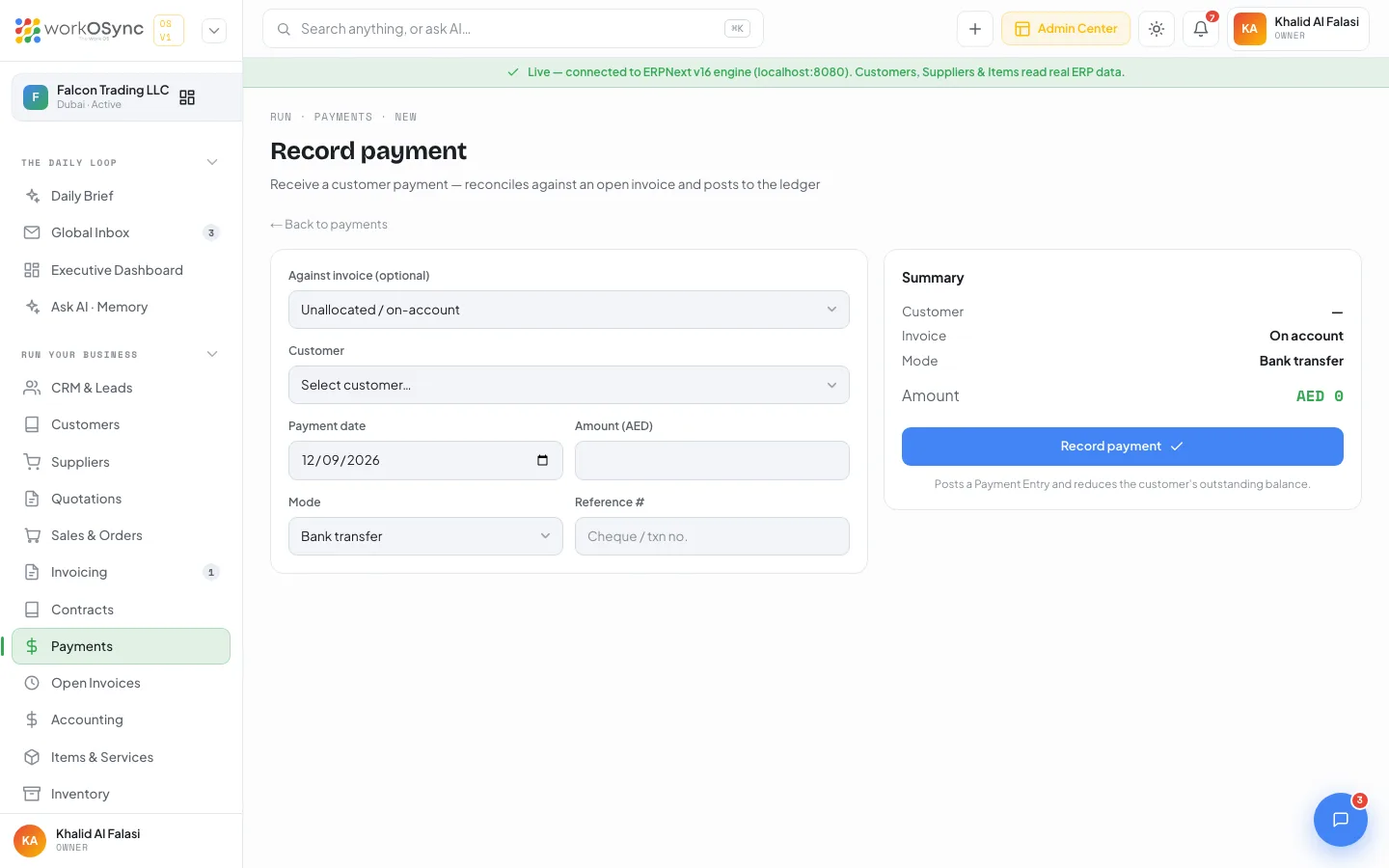 The Record payment form with the invoice selector, customer, date, amount, mode and reference fields and the summary