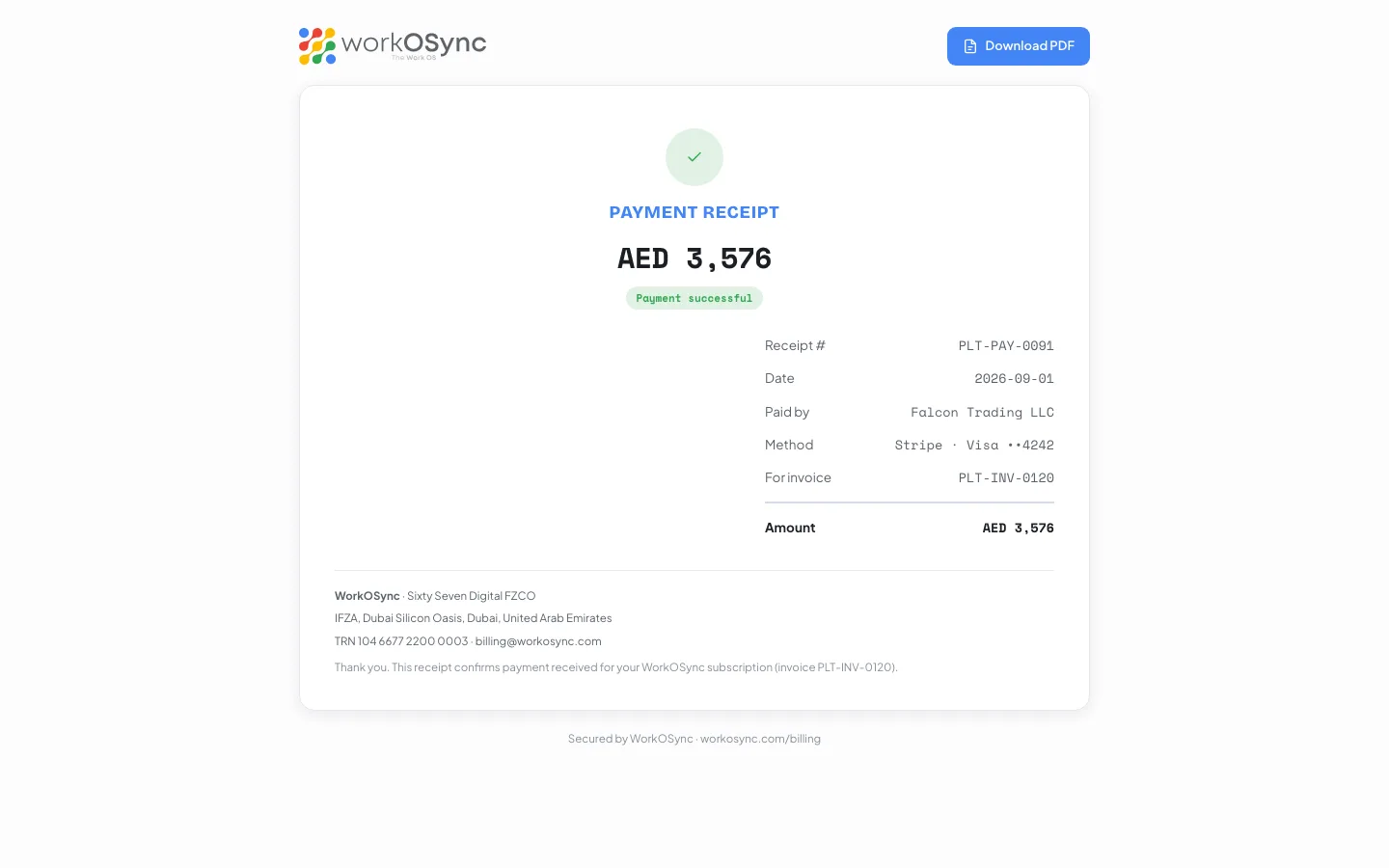 A WorkOSync payment receipt