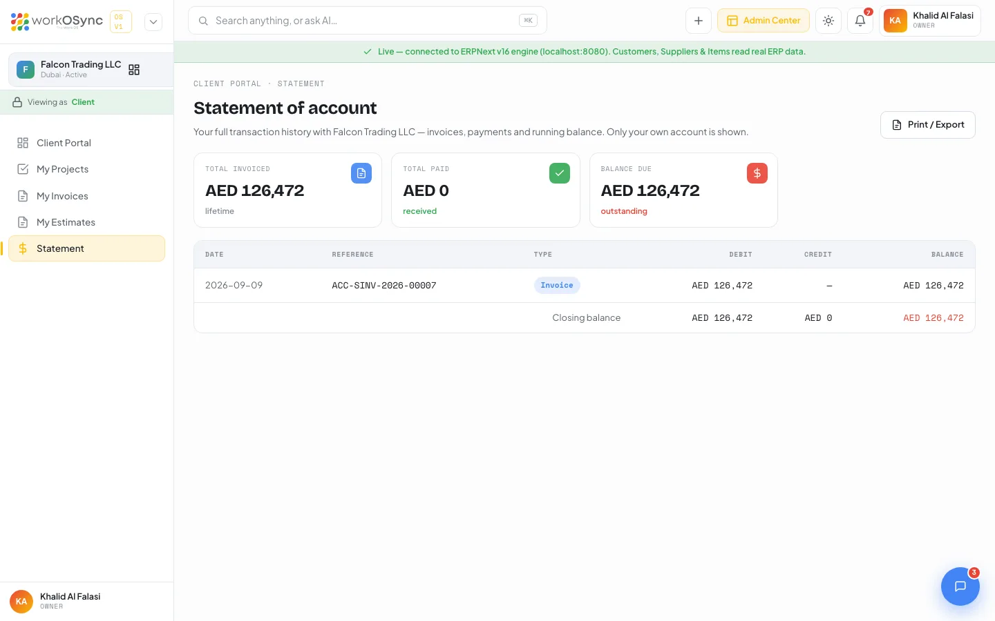 The client statement of account with lifetime totals and the running-balance table