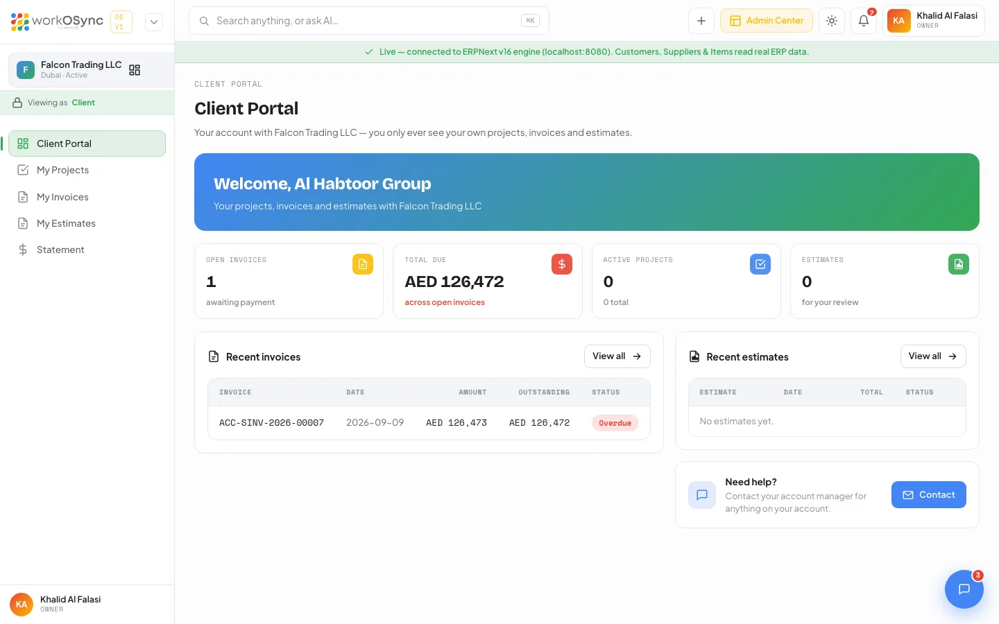 The Client Portal home with a welcome hero, four KPIs, recent invoices and recent estimates