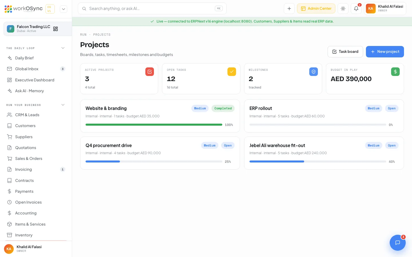 The Projects list with four KPIs and a two-column grid of project cards