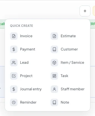 The Quick create menu in the top bar with Payment among its entries