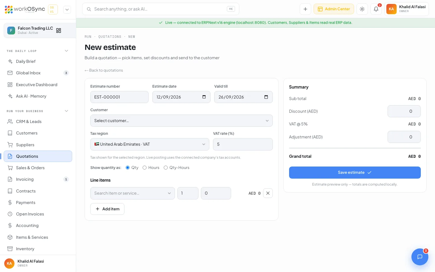 The New estimate form with dates, customer, tax region, line items and the totals summary