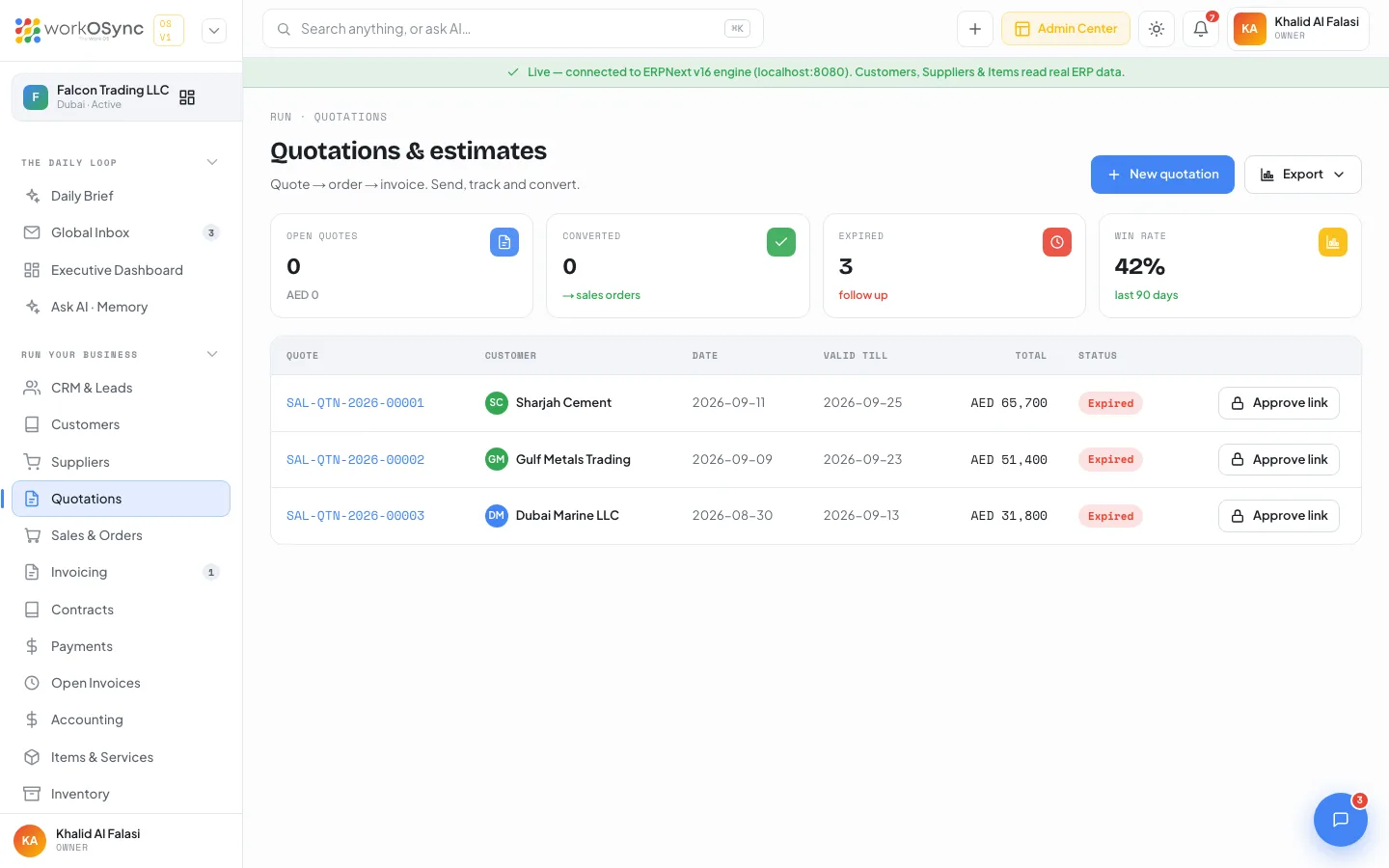 The Quotations list with KPI tiles and a table of quotes, customers, validity and status