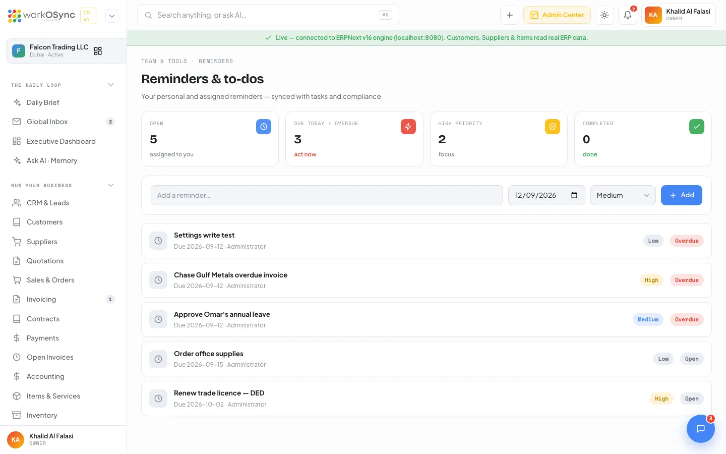 The Reminders page with four KPI tiles, the add row and the list of reminders with priority and status badges