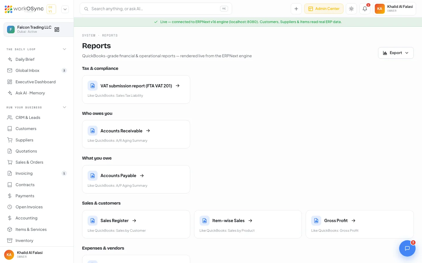 The Reports catalogue with report cards grouped by section