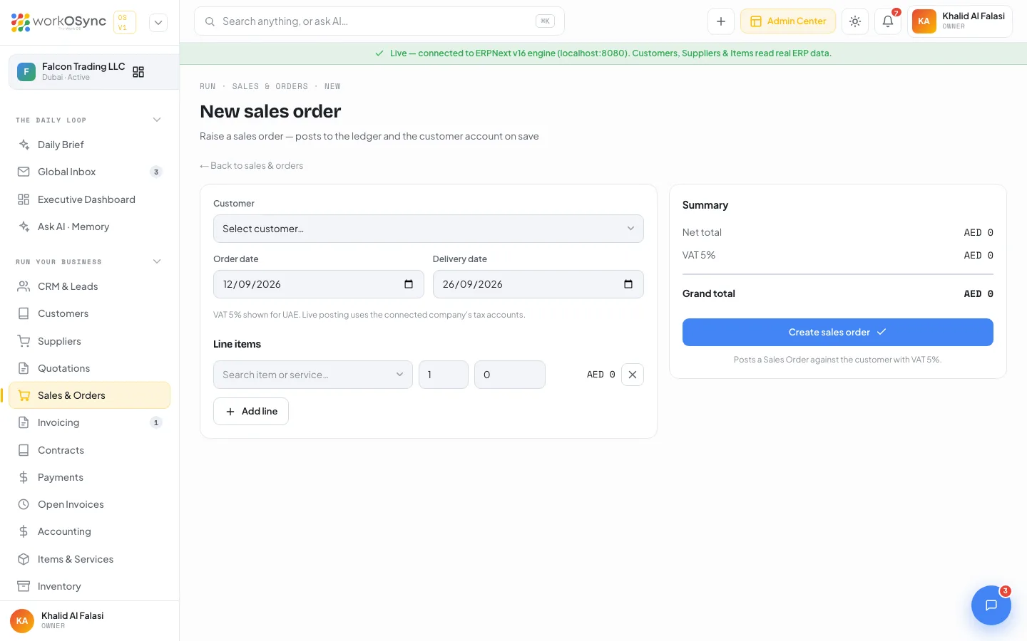 The New sales order form with customer, order date, delivery date, line items and totals