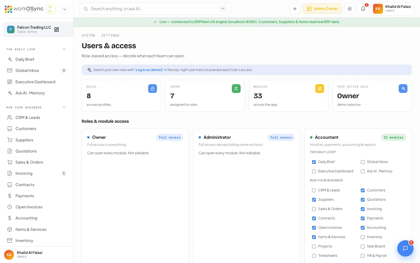 The Users and access page with role cards and the users table