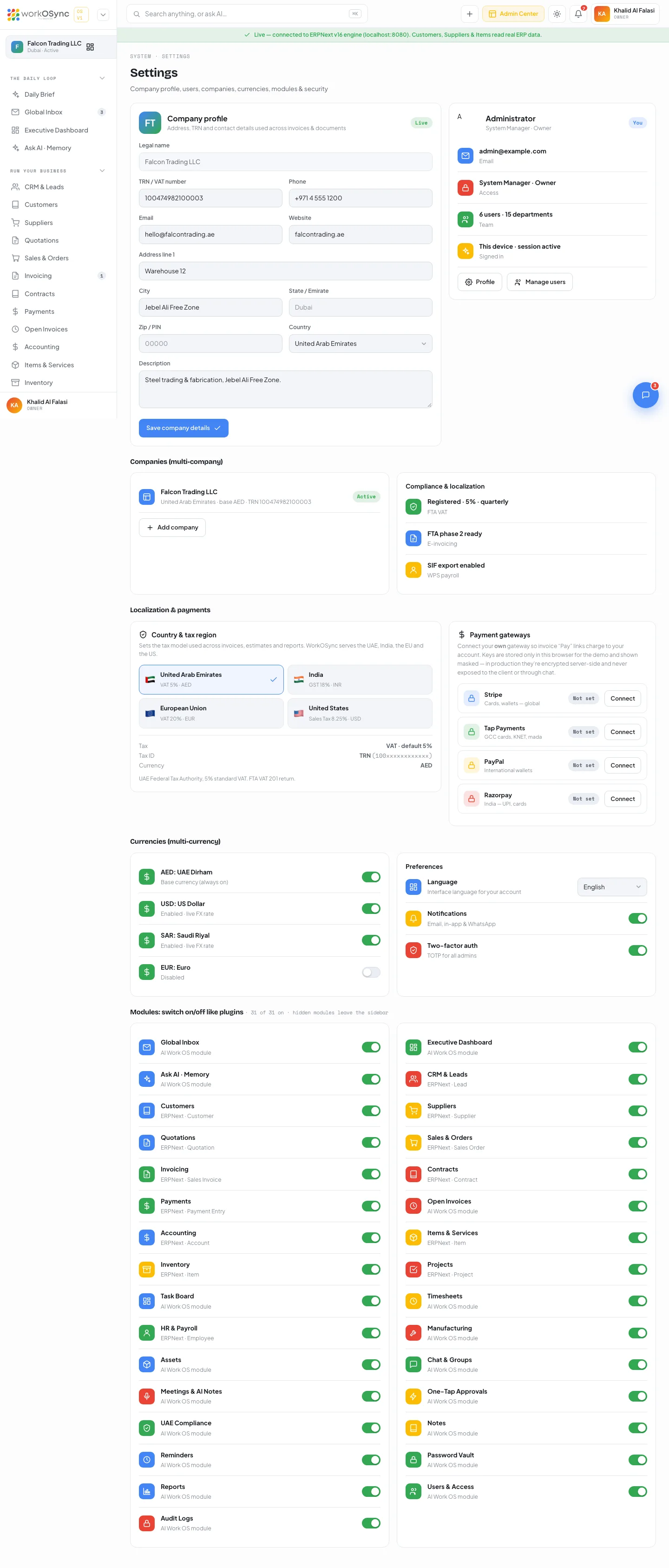 The full Settings page including currencies, preferences and the modules switchboard