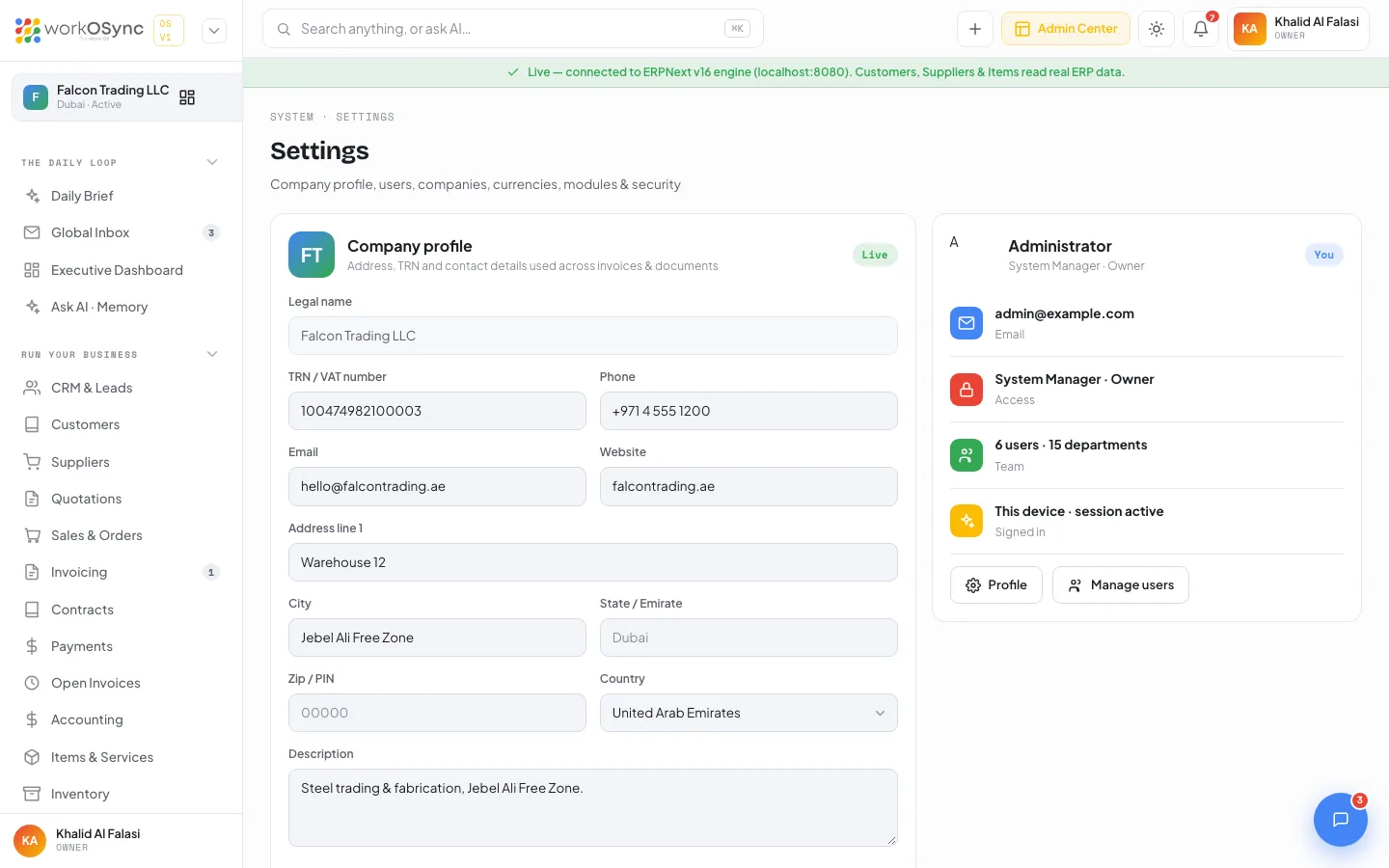 The Settings page with the company profile form