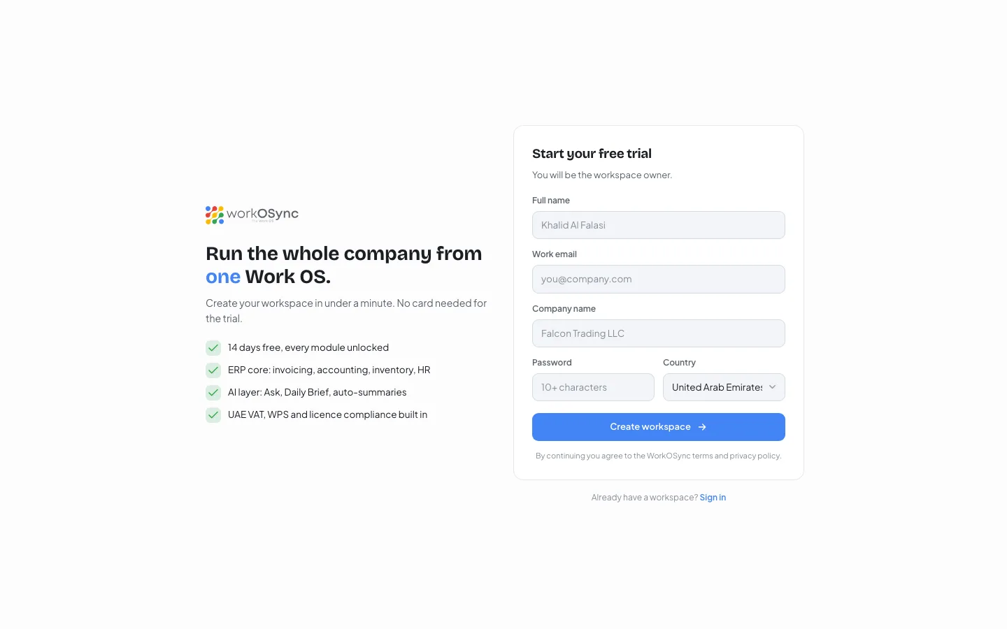 The WorkOSync sign-up page with the free trial form