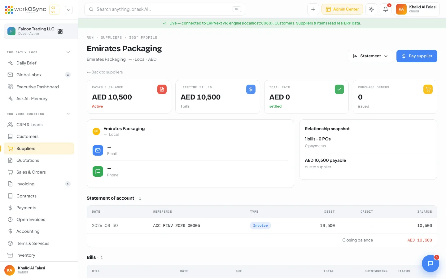 A supplier 360 profile with payable KPIs, contact card, relationship snapshot and the statement of account