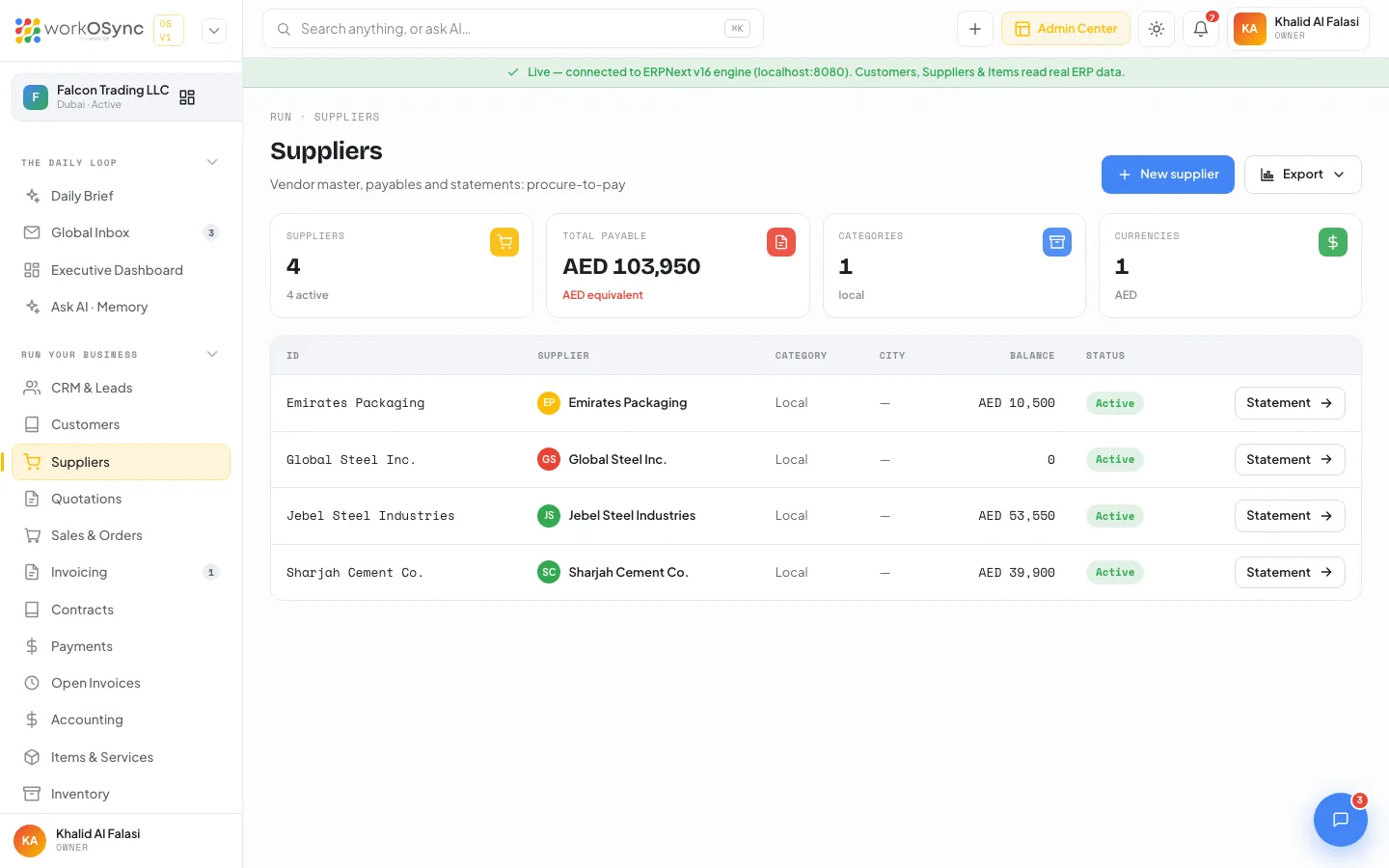 The Suppliers list with KPI tiles and a table of suppliers, categories, cities and balances