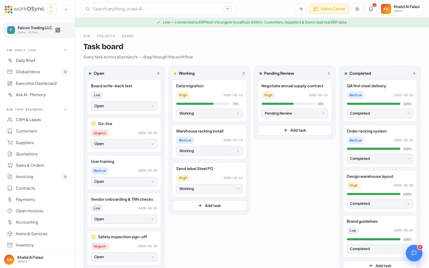 The Task board with Open, Working, Pending Review and Completed columns